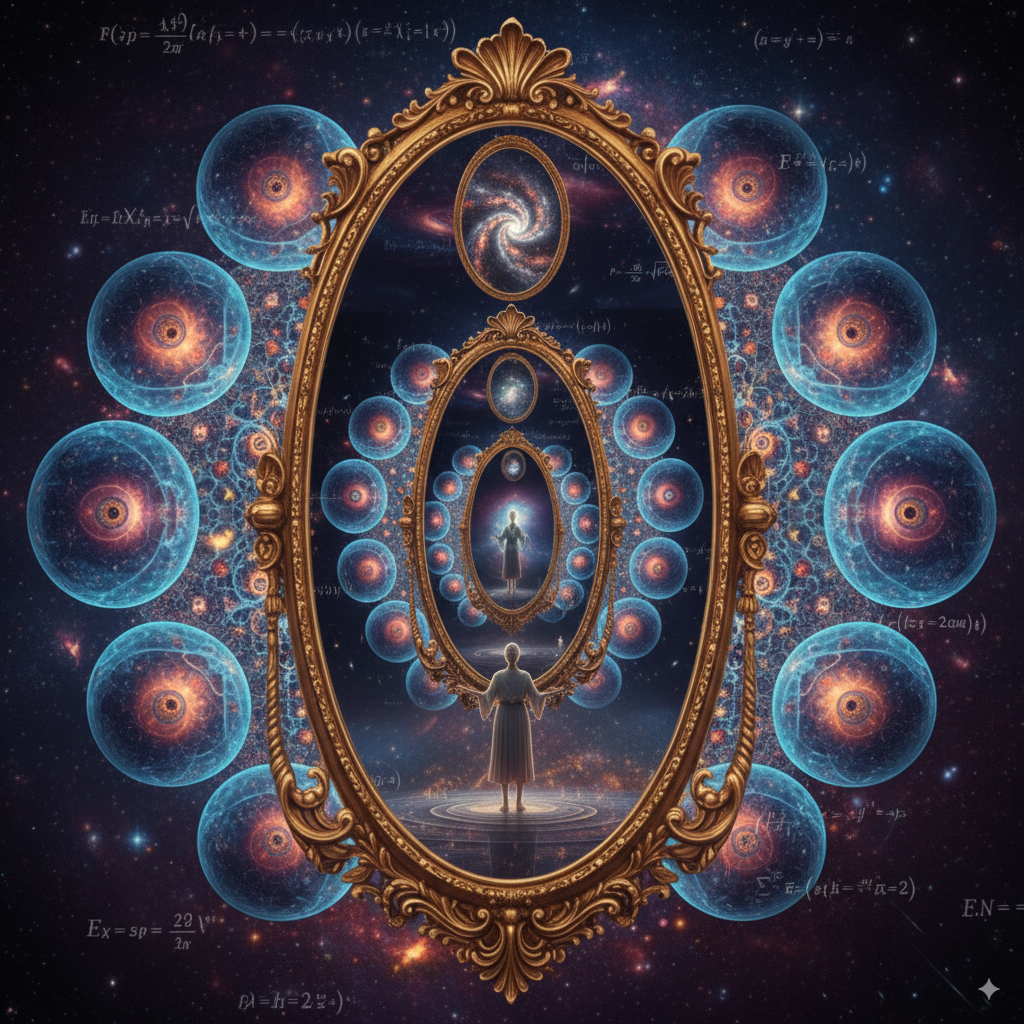 A mirror reflecting a mirror, each showing different universe levels